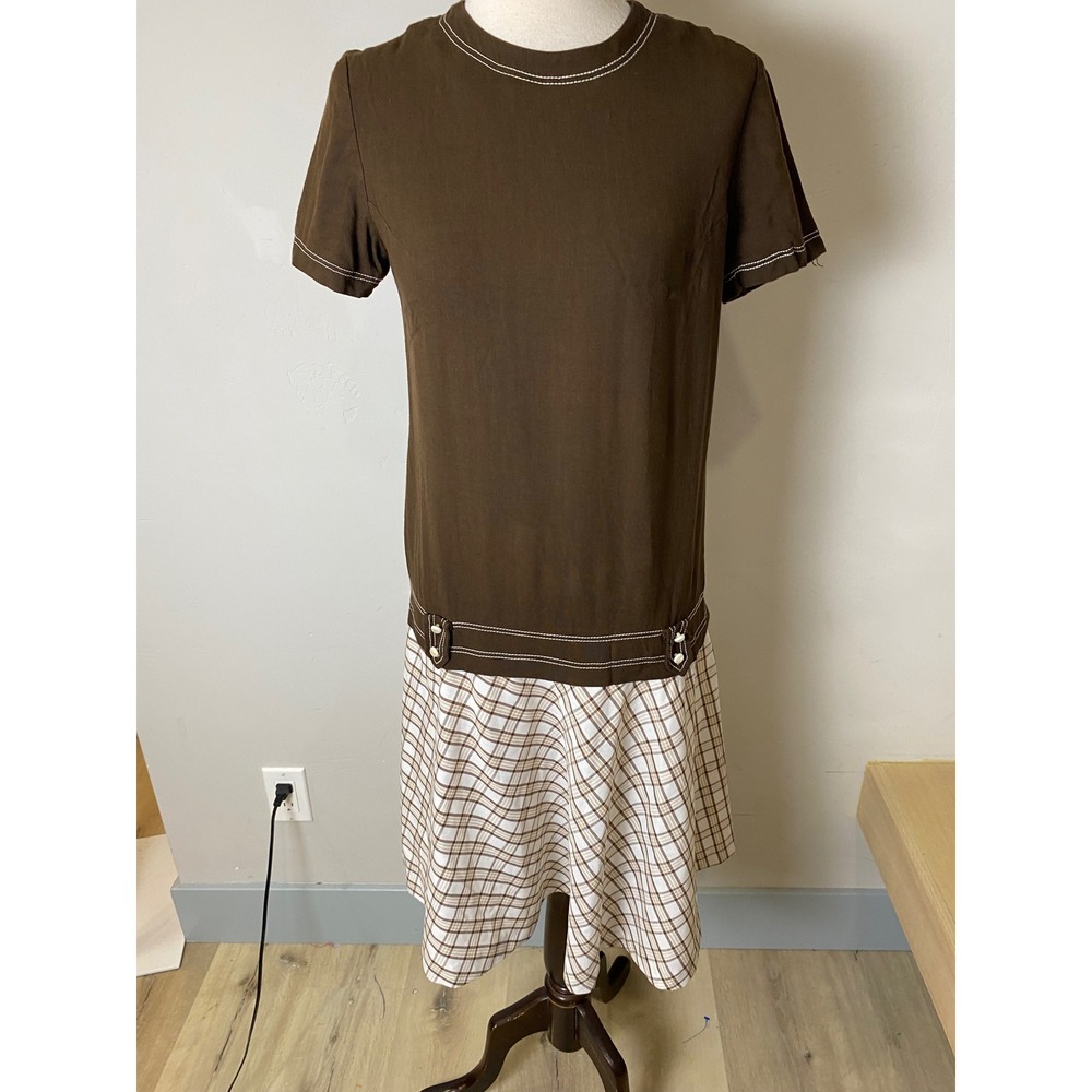 Vintage 1960s Drop Waist Dress Brown Plaid Contrast Stitch Mod Short Sleeve M